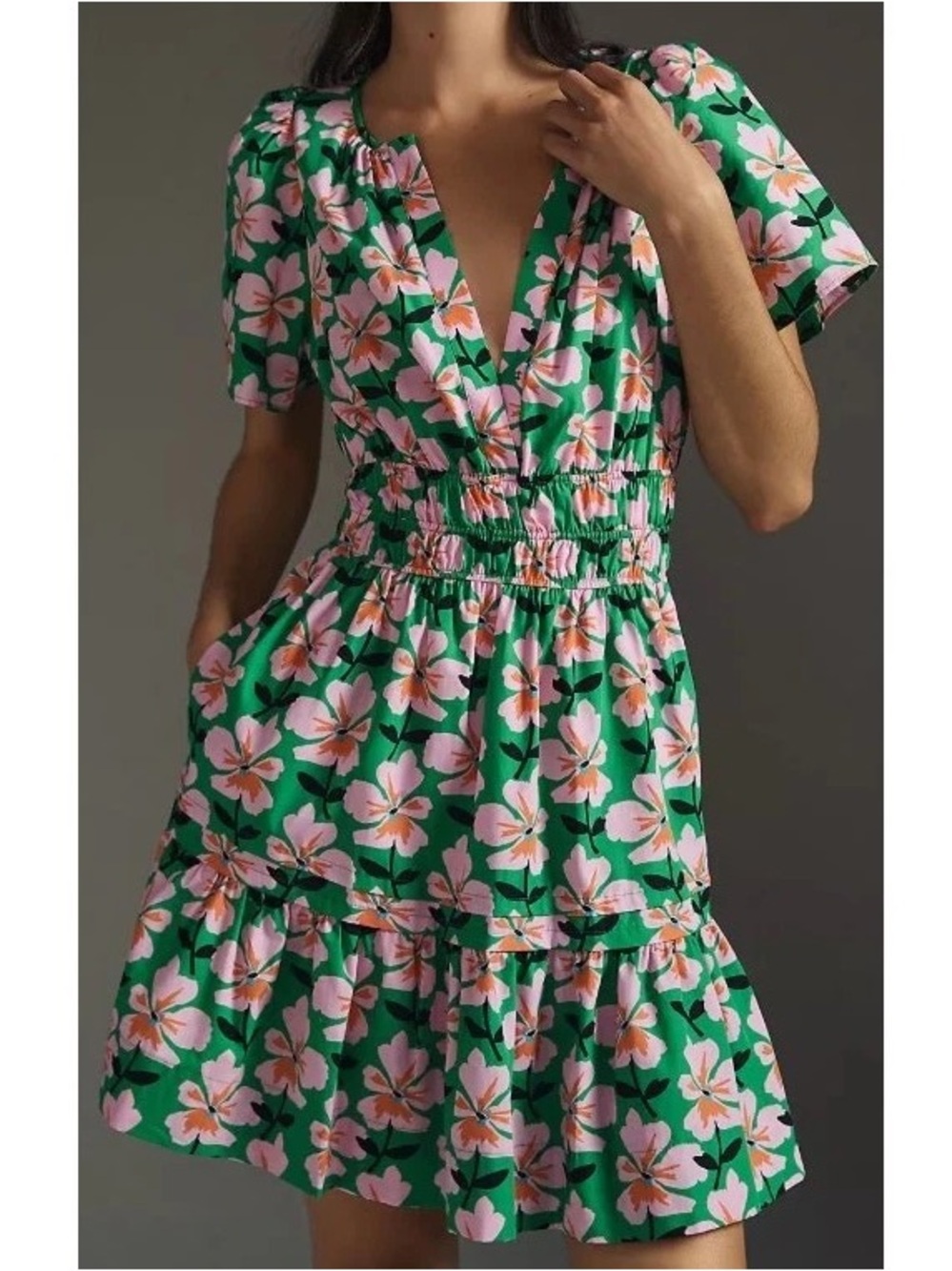 Anthropologie the Somerset green and pink floral smocked mini dress size small